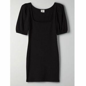 Aritzia Mini Dress Black Sunday Best Angel Puff Sleeve Ribbed Knit size L